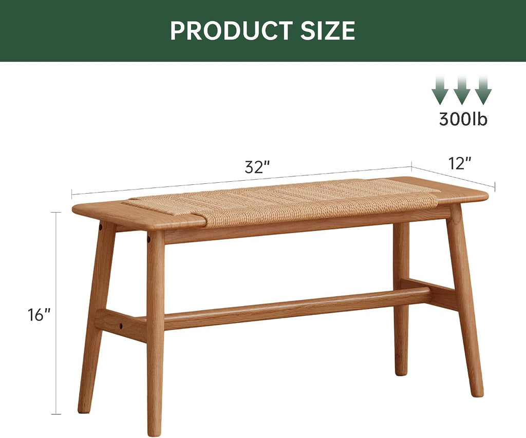 100% Solid Oak Wood Dining Bench, Hand Woven Dining Bench with Trapezoid Leg, Boho Otoman Footrest for Living Room Kitchen Entryway
