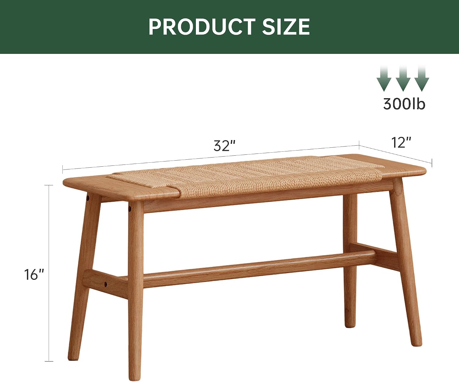 100% Solid Oak Wood Dining Bench, Hand Woven Dining Bench with Trapezoid Leg, Boho Otoman Footrest for Living Room Kitchen Entryway