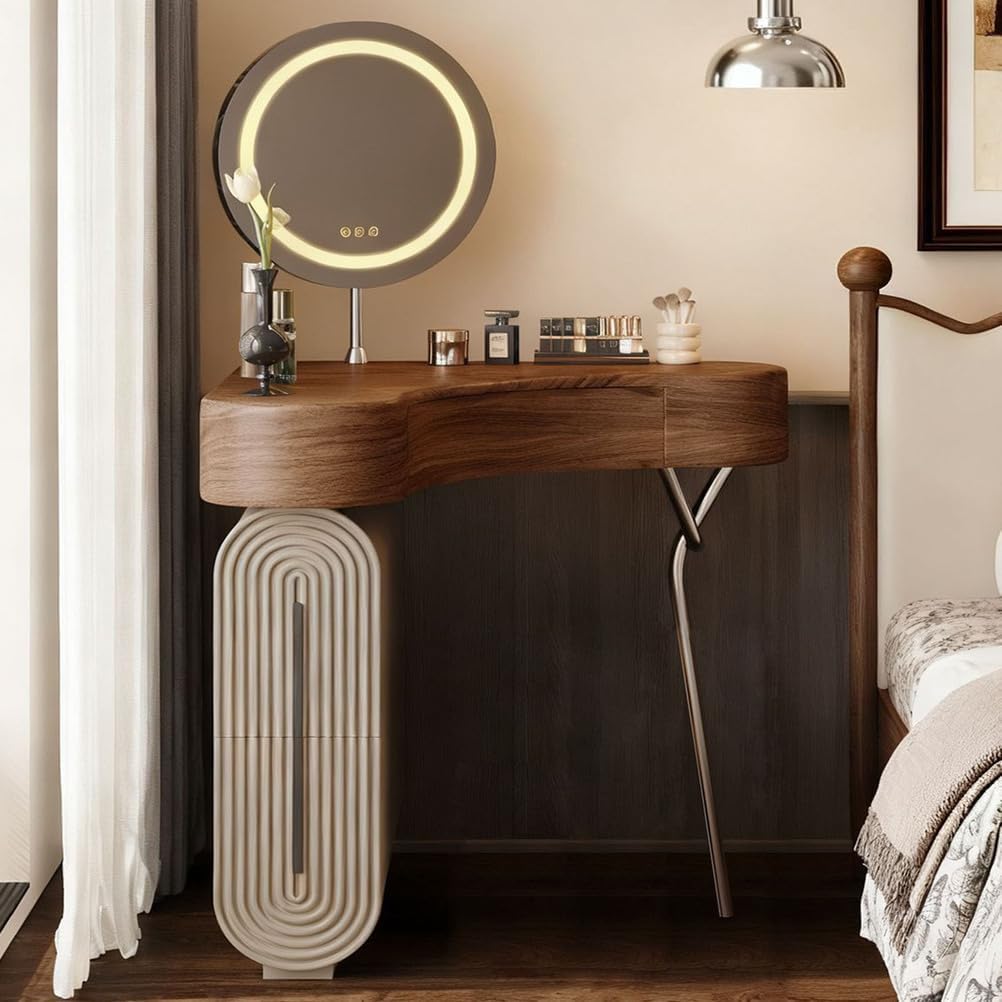 Small Makeup Vanity with LED Mirror, Compact Vanity with 3 Drawers Storage, Simple Wooden Design Corner Makeup Vanity Desk for Small Room, Nightstand Vanity 2 in 1,with Mirror