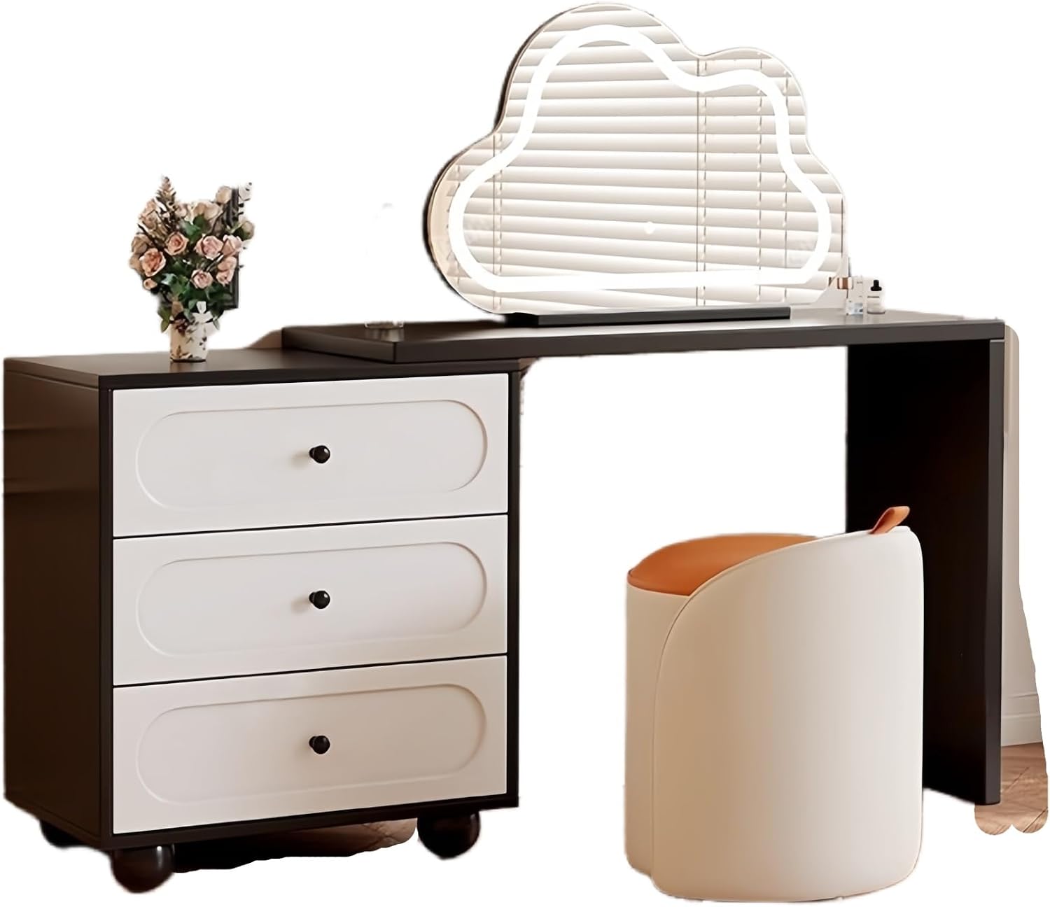Vanity Desk Table with 3 Color Lighted Cloud-Shaped Smart Makeup Mirror, Corner Dresser Wide Tabletop with Retractable Design, Drawers Chest Installed Left or Right(Walnut,W/o CHR,47.2in)