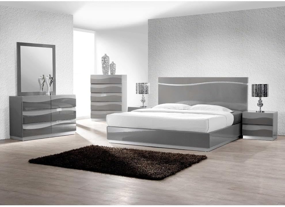 3-Piece Modern Bedroom Set, Eastern King Platform Bed with 2 Nightstand, LED Lighting, High Gloss Lacquer Finish, Gray
