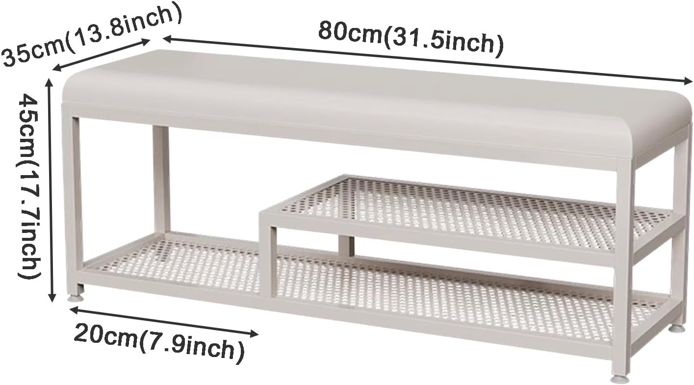 Entryway Bench with Storage, White PU Leather Seat and Metal Frame, Perfect for Hallway, Bedroom, Corner, Window Seat, Stylish Shoe Rack nizer