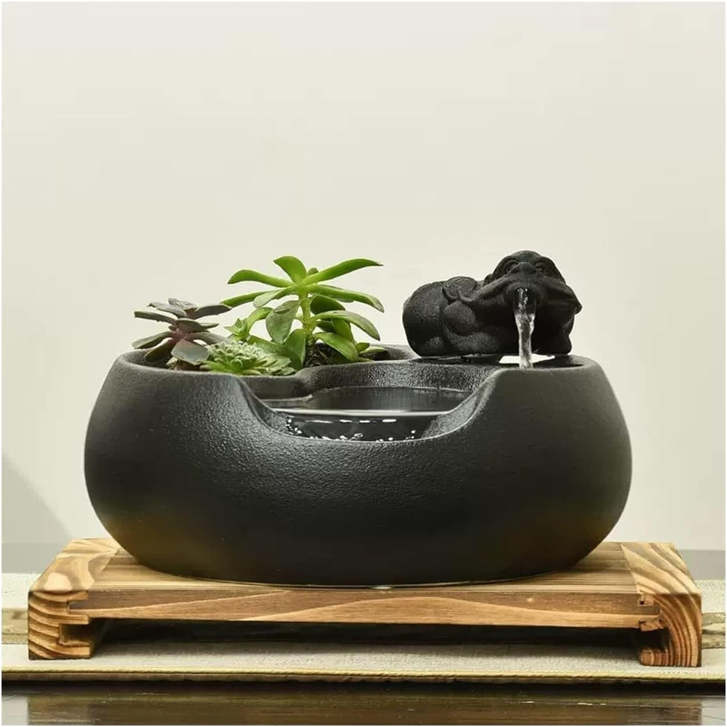 Ceramic Tabletop Fountain with Pump and Wooden Base – Indoor & Outdoor Office, Patio, Living Room Water Fountain Decor