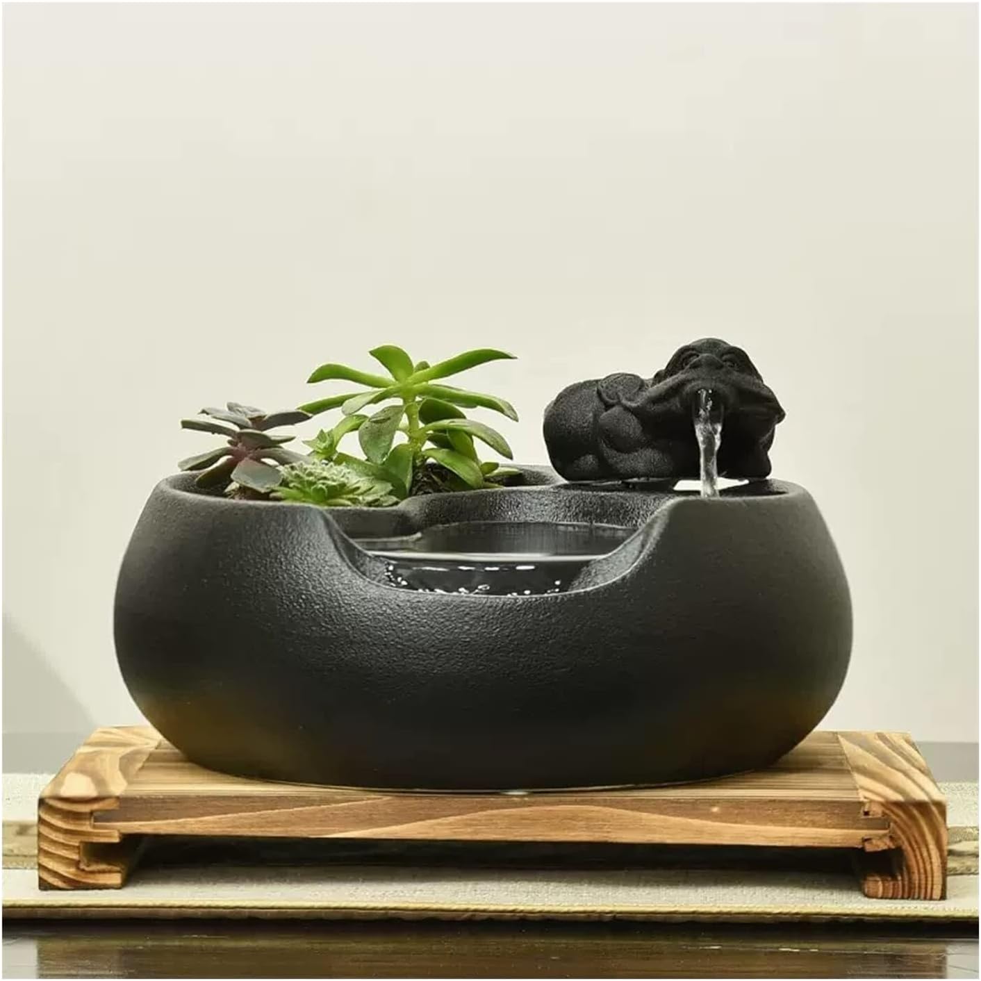 Ceramic Tabletop Fountain with Pump and Wooden Base – Indoor & Outdoor Office, Patio, Living Room Water Fountain Decor