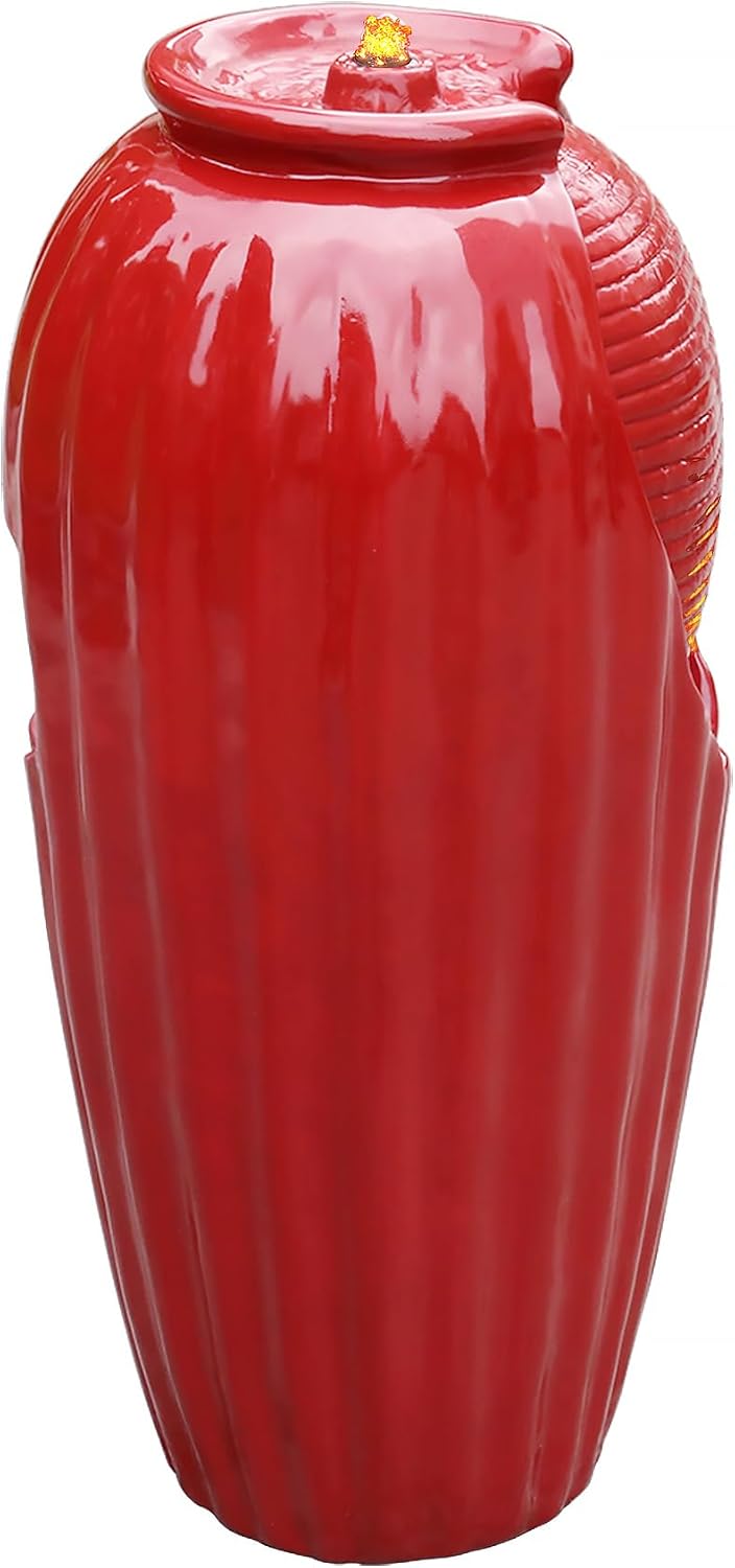 Teamson Home Glazed Vase Floor Freestanding Water Fountain with LED Lights and Pump for Outdoor Patio Backyard Deck Plant Garden Décor, 32 Inch Height, Red