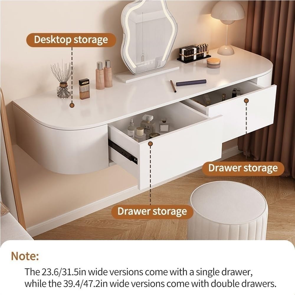 Floating Makeup Vanity for Wall, Wall Mounted Desk with Drawers, Wood White Corner Desk, Modern Dressing Table for Bedroom(Left 31.5in)