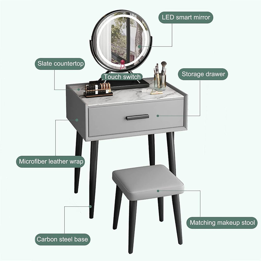 Rieort Makeup Table Cushioned Stool Vanity Benches with Led Lighted Mirror Dressing Table Large Drawers Nightstand Vanity Table Set
