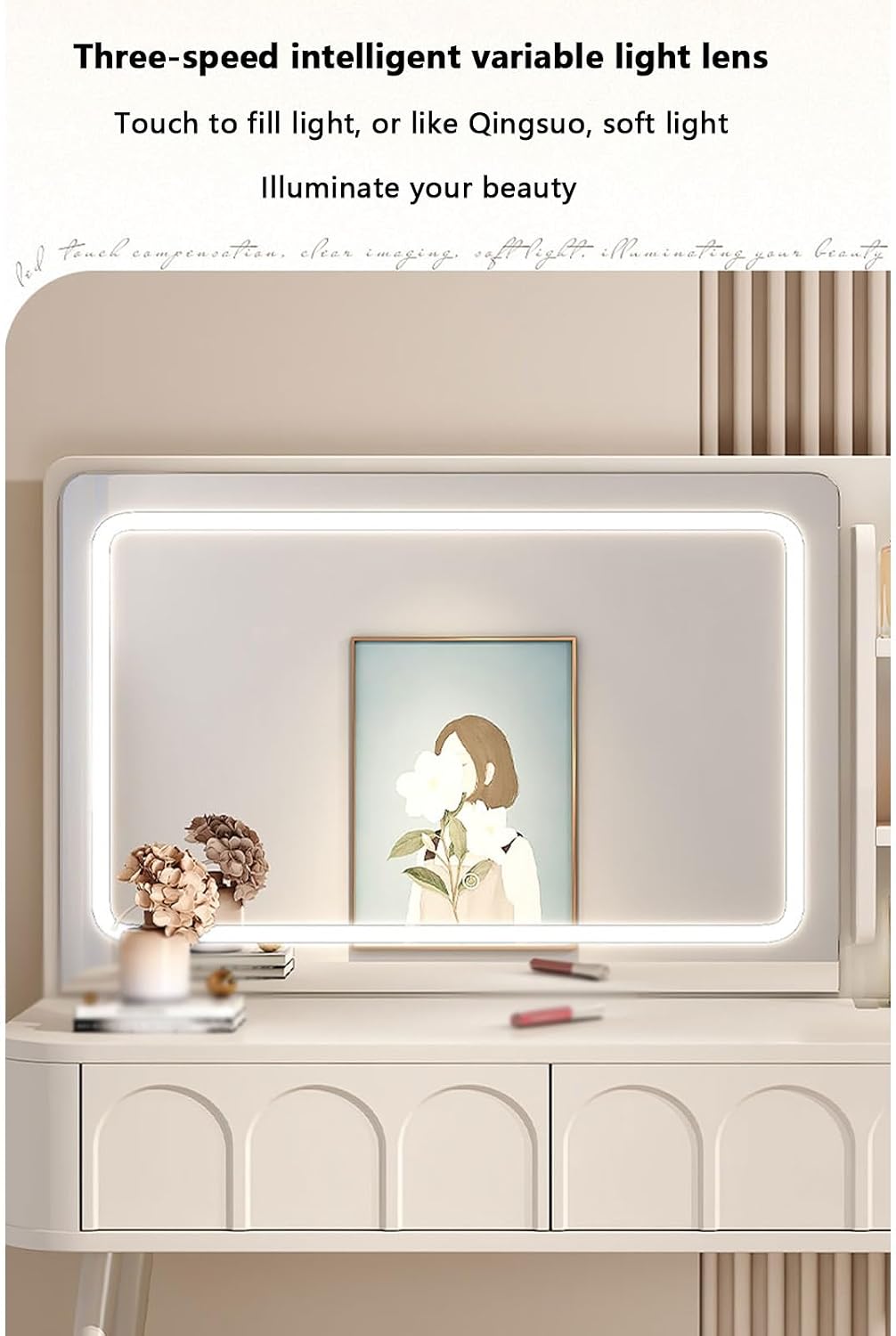 White Vanity with Lighted Mirror Vanity Desk with Lights Small Vanity Desk Smart Makeup Mirror Reasonable partition Rounded Corner Design Large Storage Capacity Suitable,A-60 * 40 * 77.5 cm