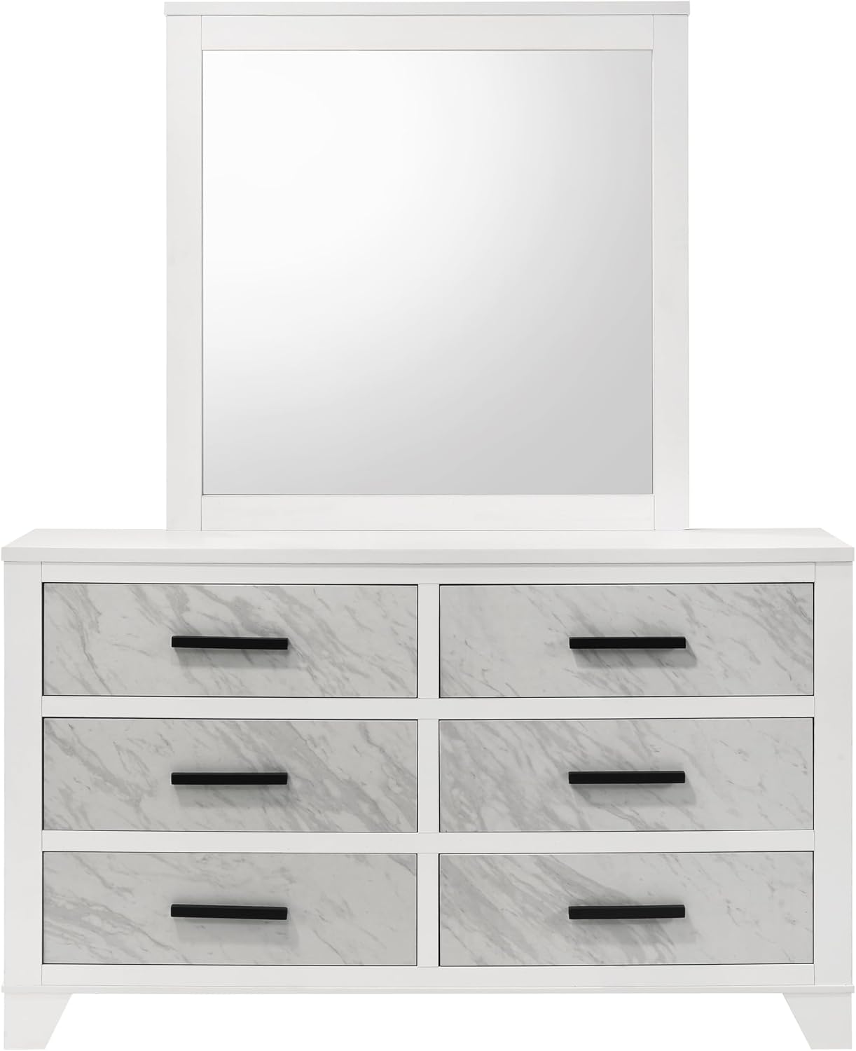 Furniture of America Anton Modern Solid Wood 4-Piece Bedroom Set with Faux Marble Headboard Bed, Metal Center Glide on Nightstand and Dresser with Mirror, Box Spring Needed for Bedroom, King, White