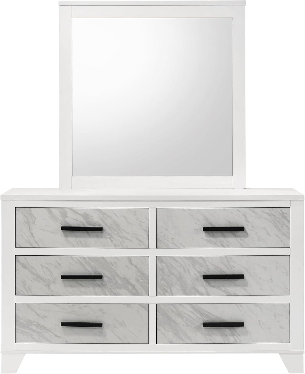 Furniture of America Anton Modern Solid Wood 4-Piece Bedroom Set with Faux Marble Headboard Bed, Metal Center Glide on Nightstand and Dresser with Mirror, Box Spring Needed for Bedroom, Full, White