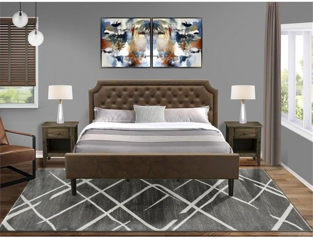 Pemberly Row 3-Piece Wood King Bedroom Set, Engineered Wood & Faux Leather, Brown & Jacobean Finish, Includes Bed Frame & 2 Nightstands, Mid-Century Style Durable Master Bedroom Furniture Set