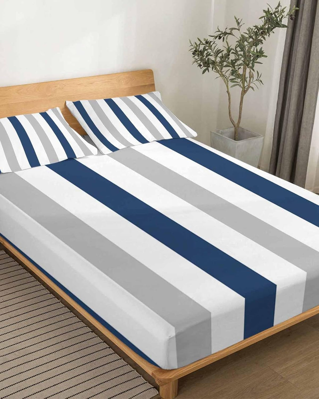 Navy Blue Striped King Sheet Set 4 Piece Bedding - Geometric Grey White Vertical Stripes Breathable Comfy Cooling Bed Sheets & Pillowcase Sets,Hotel Luxury Flat Sheets Deep Pockets Fitted Sheet