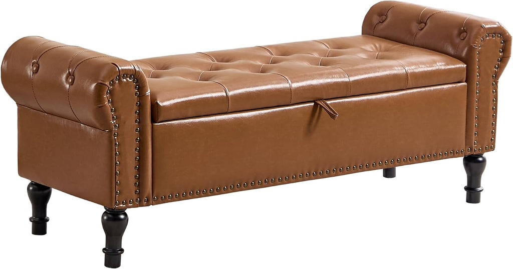 Storage Bench for Bedroom, 51' Upholstered End of Bed Bench, Faux Leather Queen Size Benches with Rolled Arms, Tufted Button Storage Long Ottoman, Living Room, Entryway, Brown
