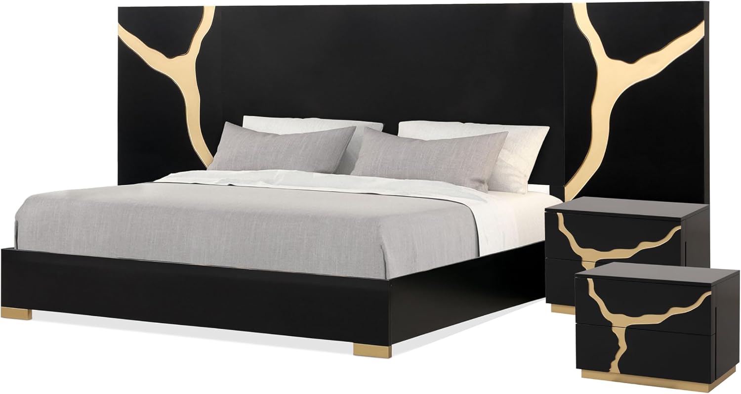 Furniture of America Quanta Modern Wood 3-Piece Bedroom Set with Panel Headboard and Gold-Painted Pattern Extended Walls, Felt-Lined Top Drawer, No Box Spring Needed, King, Black