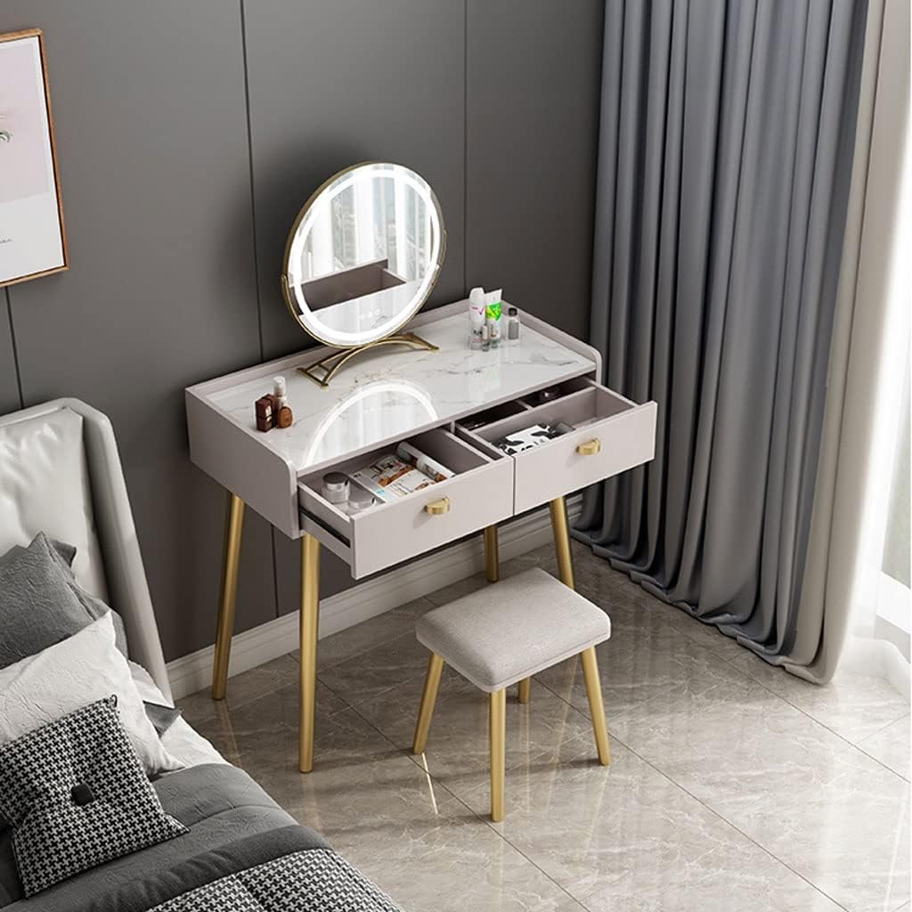 Vanity Benches Dressing Table Set Cosmetic Storage Table Bedroom Small Apartment Vanity Table with LED Round Mirror, Dressing Stool (Color : A)