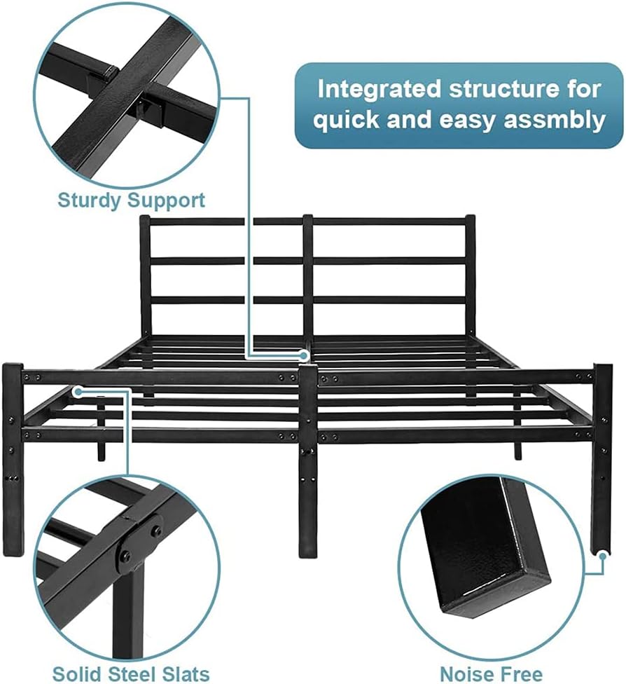 AKSG Queen Bed Frame with Headboard 14 Inch Platform Bed Frame No Box Spring Needed Metal Queen Size Bed Frame with Storage Heavy Duty Steel Slat Black