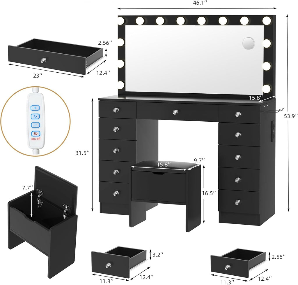 VOWNER Vanity with Lighted Mirror - Makeup Vanity Desk with 11 Drawers and Outlet, 3 Color Lighting Modes Adjustable Brightness, 46' Vanity Table with Soft Cushioned Stool for Bedroom, Black