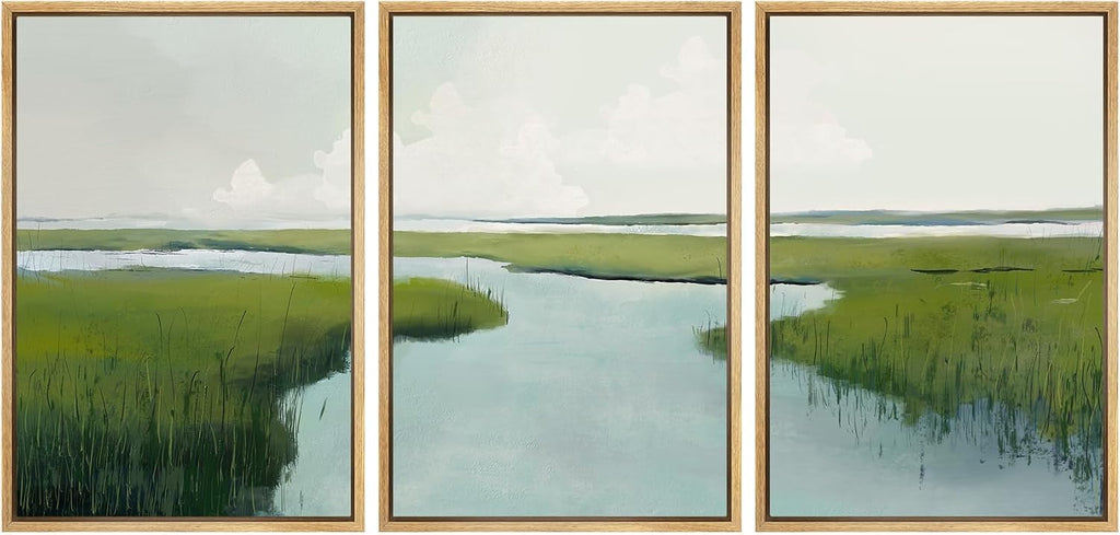 SIGNWIN Framed Canvas Print Wall Art Set Serene Marshland with Green Wetlands and Tranquil Water Illustrations Modern Art Decorative Rustic Zen for Living Room, Bedroom, Office - 16'x24'x3 Natural