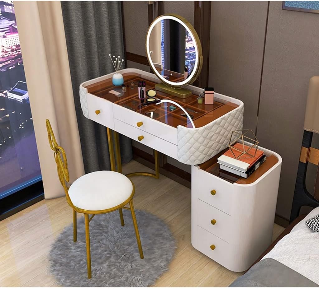 Vanity Benches Dresser Modern Bedroom Glass Vanity Table Small Apartment Storage Cabinet with Storage Cabinet, Stool, Mirror (Color : A)