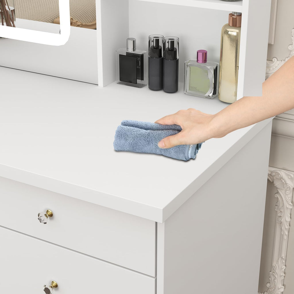 Vanity with Chair, Dressing Table with Lighted Sqaure Mirror, 5 Drawers and Shelves, Makeup Vanity Set with Storage for Bedroom, Crystal Knobs, White, 19.7' D x 39.4' W x 53.5' H