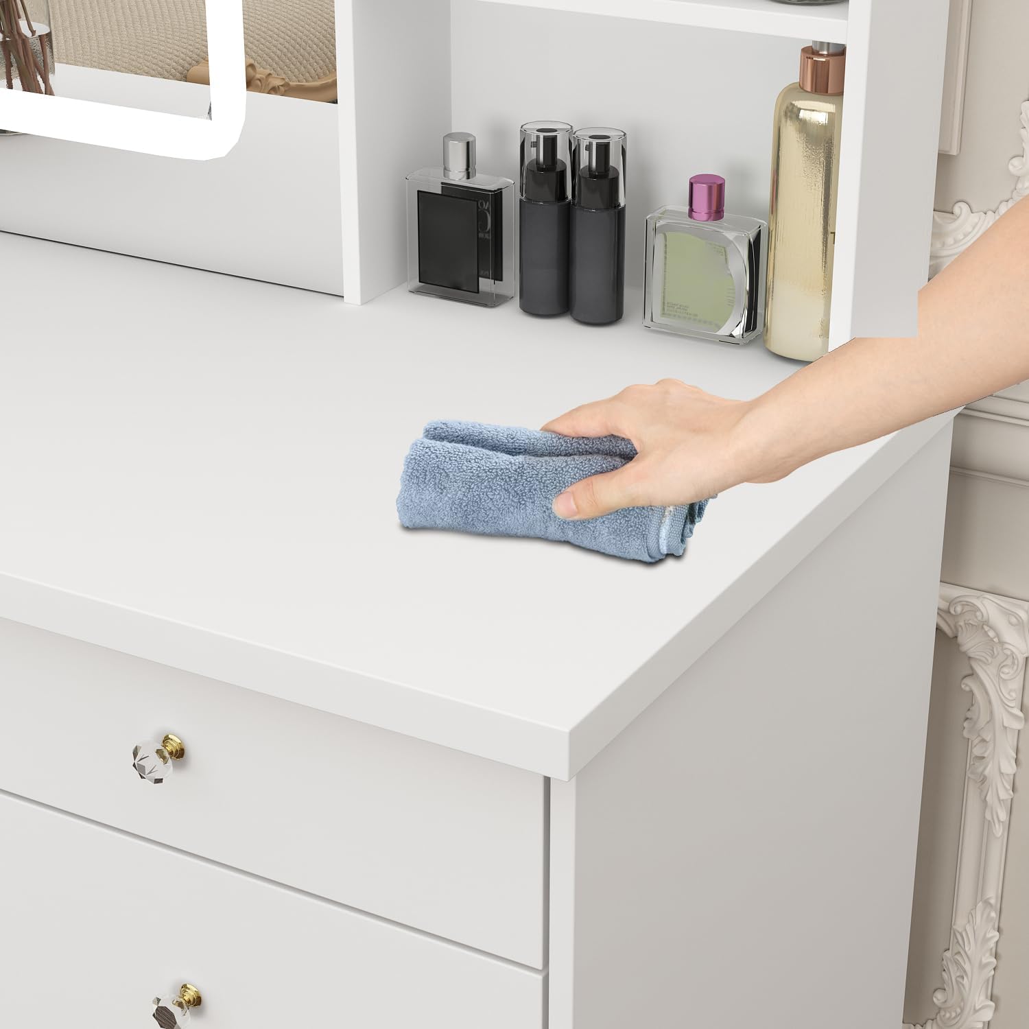 Vanity with Chair, Dressing Table with Lighted Sqaure Mirror, 5 Drawers and Shelves, Makeup Vanity Set with Storage for Bedroom, Crystal Knobs, White, 19.7' D x 39.4' W x 53.5' H