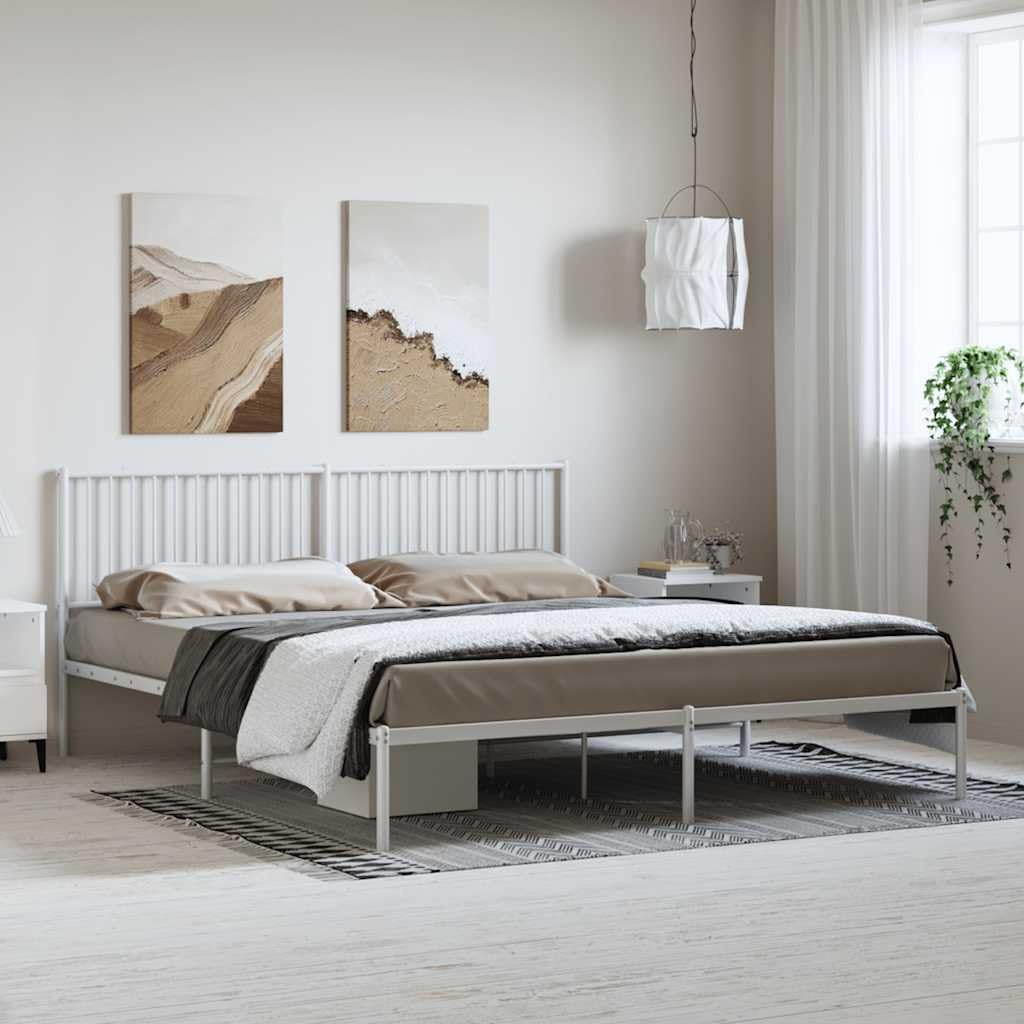 White Powder-Coated Steel Double Bed Frame with Headboard Underbed Storage Space for Bedroom Guest Room