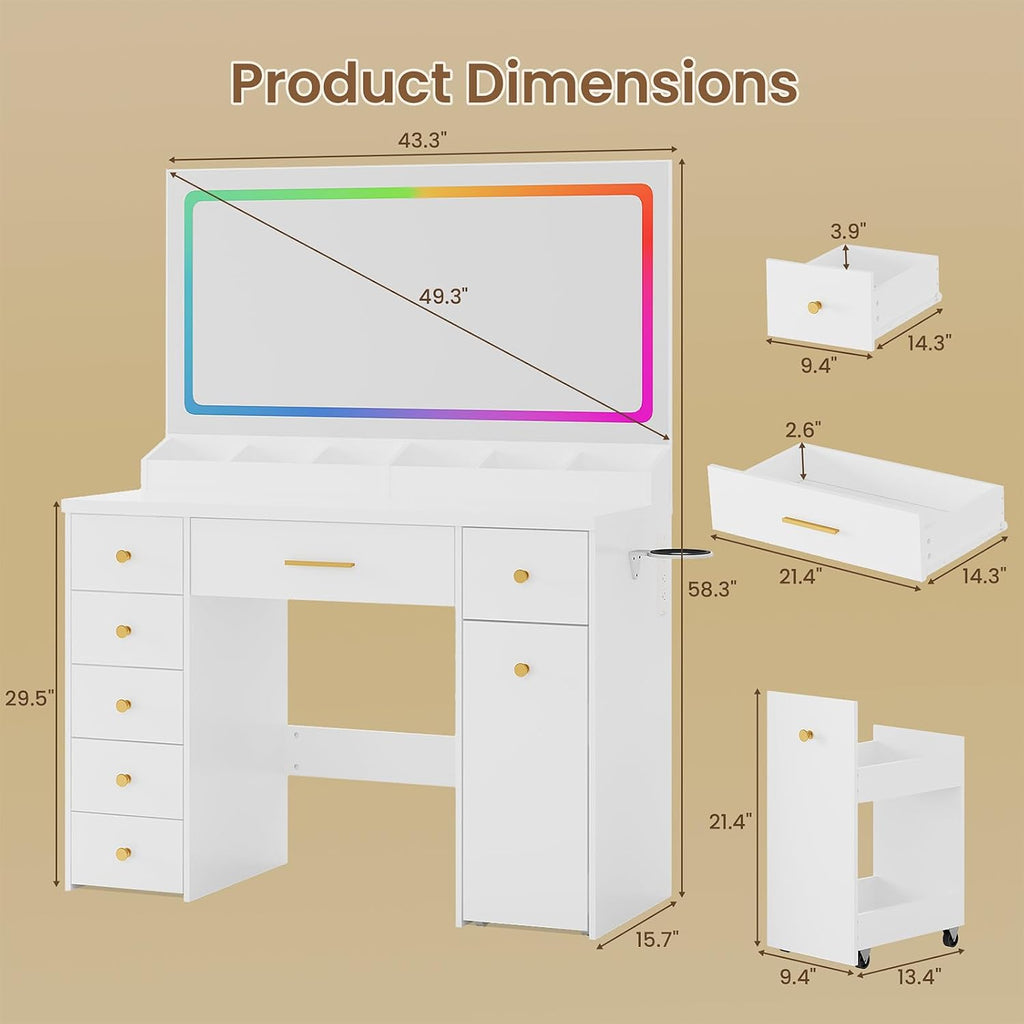 LAKEMID Makeup Vanity Desk with Large Mirror and Lights,43.3in Makeup Vanity with 7 Drawers,Modern Vanity Table with Charging Station,Adjustable RGB Lighting,Dressing Table for Bedroom Women(White)