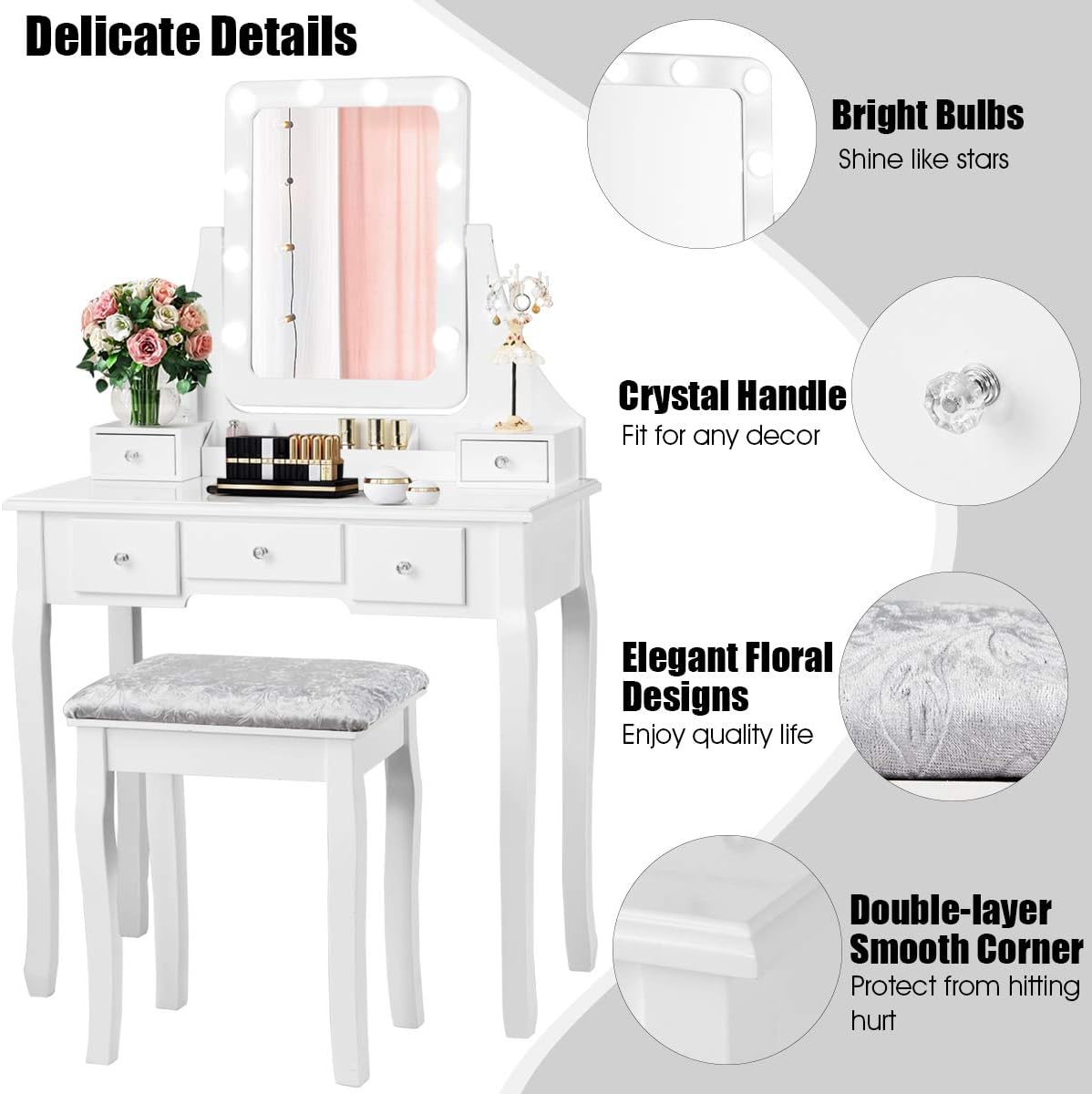 DORTALA Vanity Table Set w/ 360-Degree Rectangular Mirror & Cushioned Stool, Makeup Table w/ 10 LED Dimmable Bulbs, Bedroom Wood Dressing Table w/ 5 Drawers & Removable Box Organizer, White