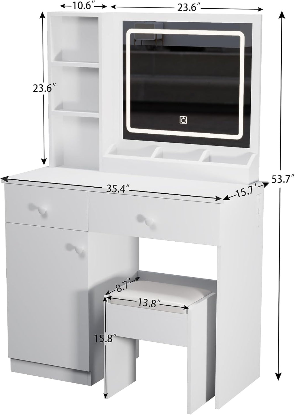 Makeup Vanity Desk with Mirror and Lights, Vanity Table Set with Storage Drawer & Chair & 3 Shelves, 3 Lighting Colors, Adjustable Brightness White Makeup Vanity with Lights (Large with USB)