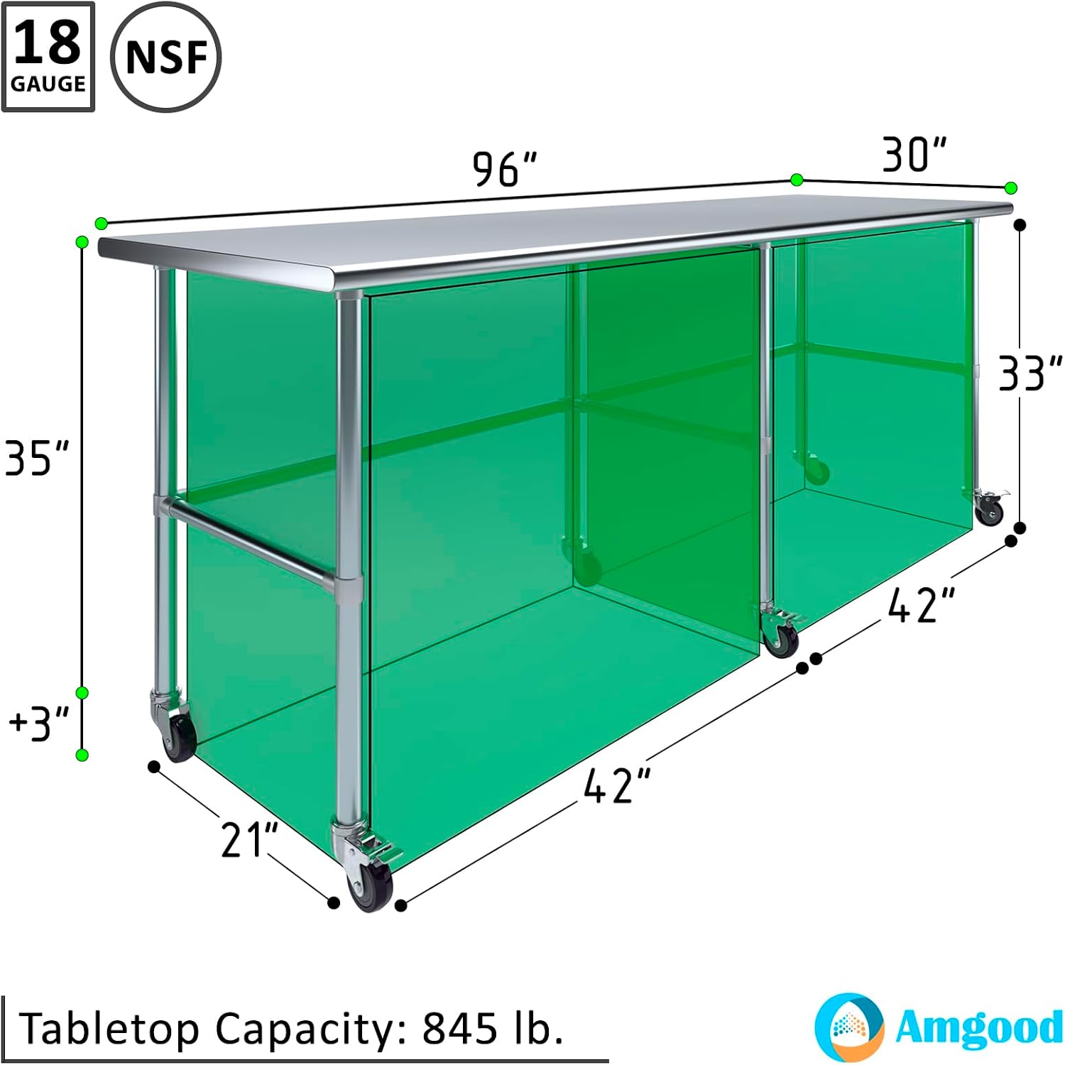 AmGood Stainless Steel Work Table Open Base & Wheels | Work Station | Metal Work Bench (Stainless Steel, 96' Long x 30' Deep)