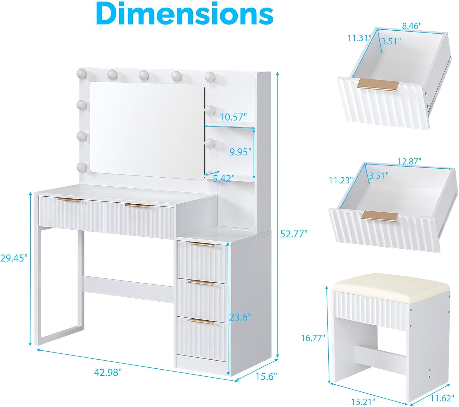 Karl home Fluted Vanity Desk with Mirror and Adjustable LED Lights, Makeup Vanity Table Set with 5 Drawers & Storage Shelves, Dressing Table with Charging Station & Stool for Women Bedroom, White