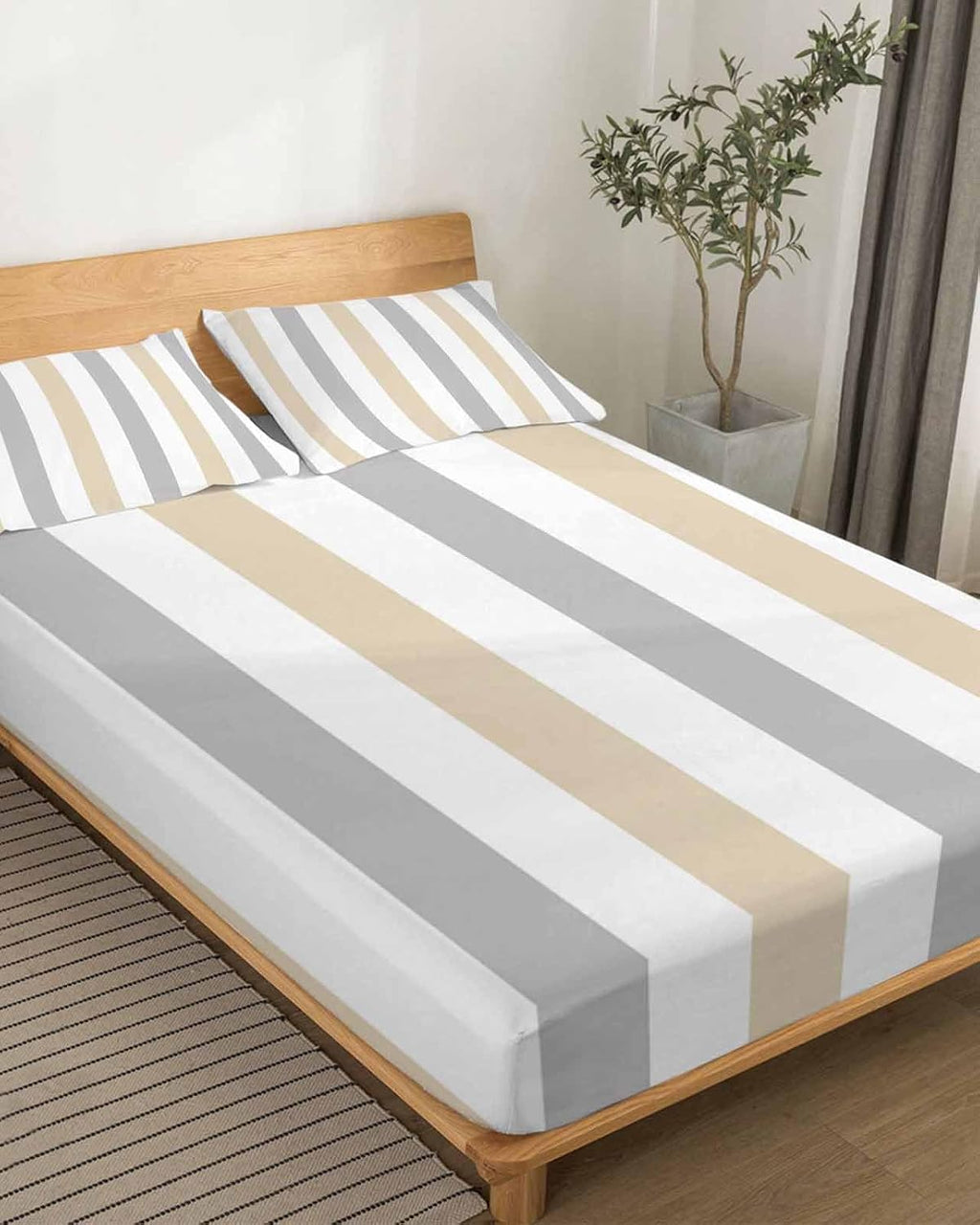 Beige Grey Striped King Sheet Set 4 Piece Bedding - Geometric Vertical Stripes White Breathable Comfy Cooling Bed Sheets & Pillowcase Sets,Hotel Luxury Flat Sheets Deep Pockets Fitted Sheet for Women