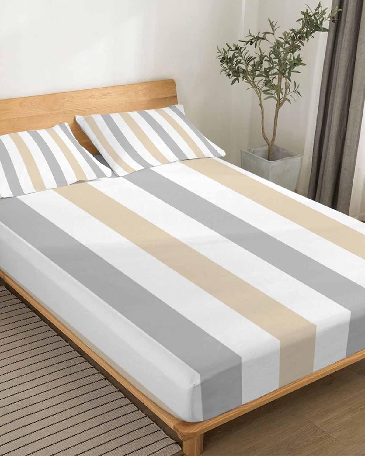 Beige Grey Striped King Sheet Set 4 Piece Bedding - Geometric Vertical Stripes White Breathable Comfy Cooling Bed Sheets & Pillowcase Sets,Hotel Luxury Flat Sheets Deep Pockets Fitted Sheet for Women
