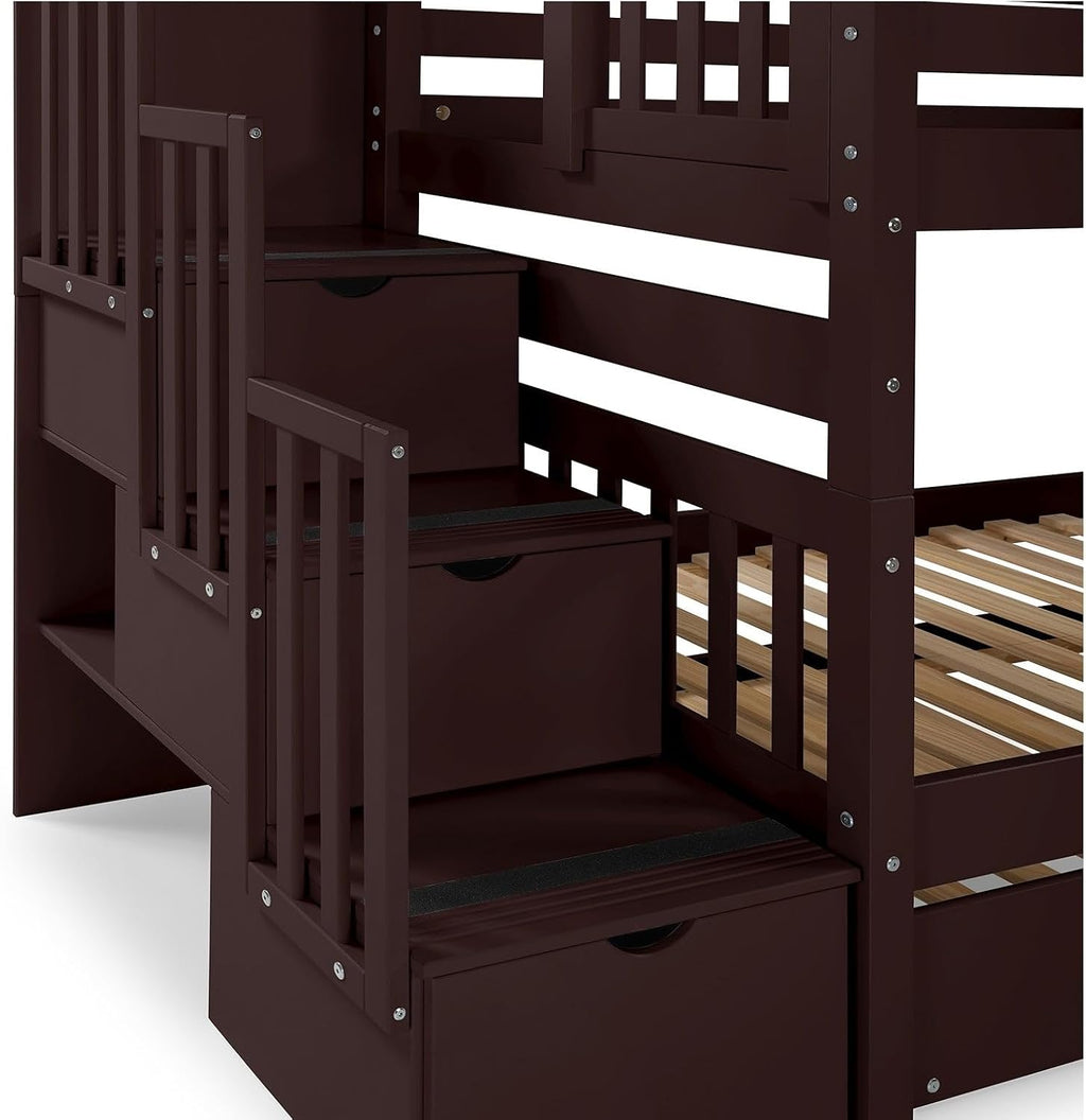 Bedz King Stairway Bunk Beds Twin Over Twin, 3 Step Drawers, Dark Cherry