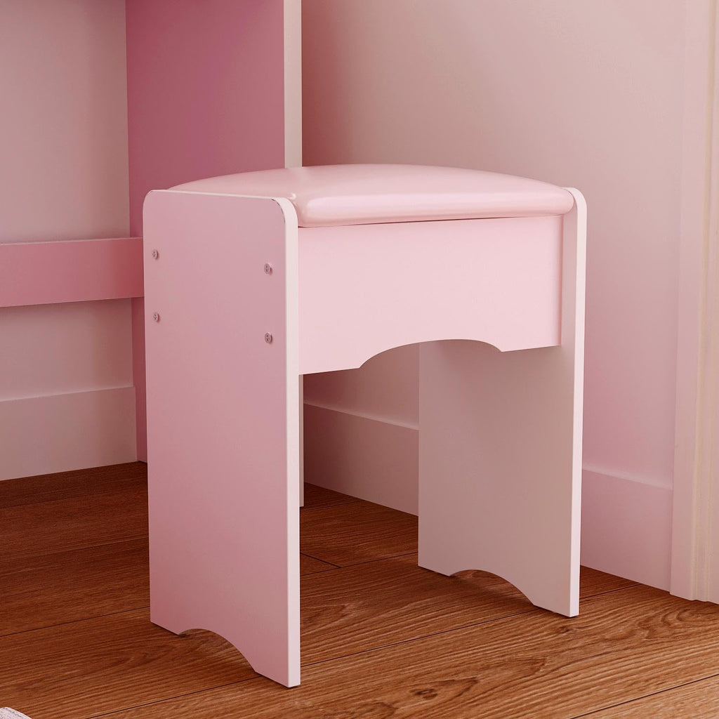 FUFU&GAGA Pink Vanity Set with Round Lighted Mirror, Makeup Vanity Bedroom Dressing Table with 5 Drawers, Shelves, Dresser Desk and Cushioned Stool