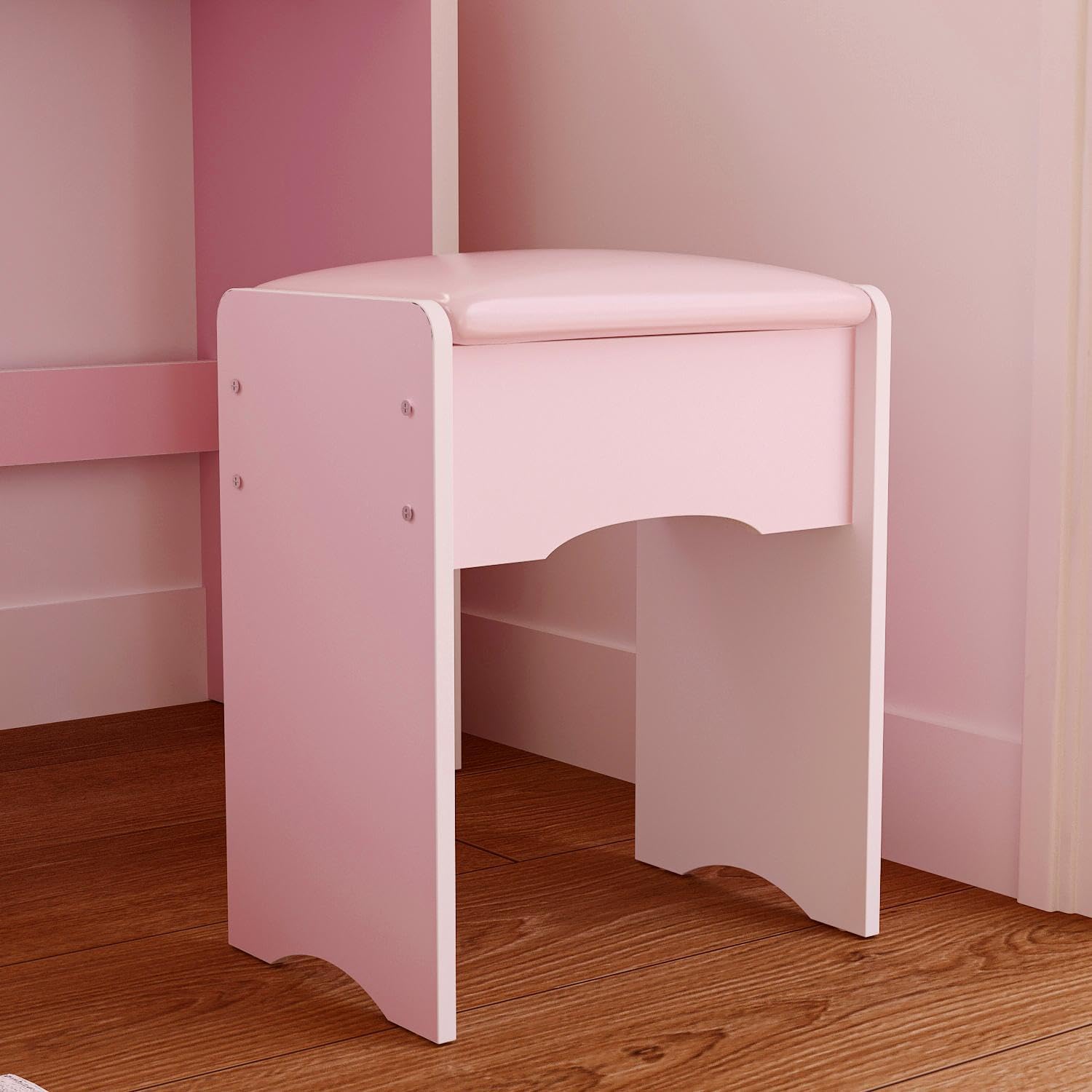 FUFU&GAGA Pink Vanity Set with Round Lighted Mirror, Makeup Vanity Bedroom Dressing Table with 5 Drawers, Shelves, Dresser Desk and Cushioned Stool