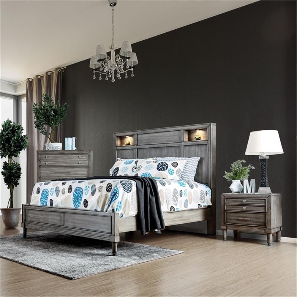 BOWERY HILL 2pc Solid Wood Bedroom Set, Gray Finish, Cal King Bed with LED Headboard and Fabric Padding, Nightstand with Hidden Drawer, Transitional Style Furniture for Master Bedroom