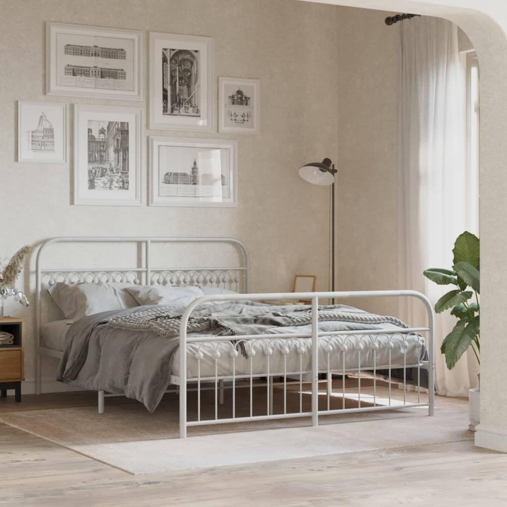Metal Platform Bed Frame with Headboard and Footboard White Queen Size Steel Sturdy Structure Underbed Storage Space for Bedroom Furniture