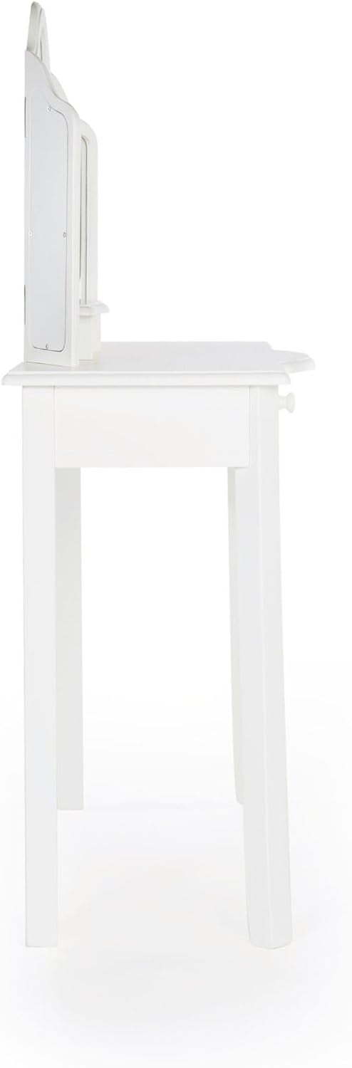 Guidecraft Classic White Vanity and Stool Set: Kids' Wooden Table with 3 Mirrors, Storage Seat and Make-Up Drawer - Children's Furniture