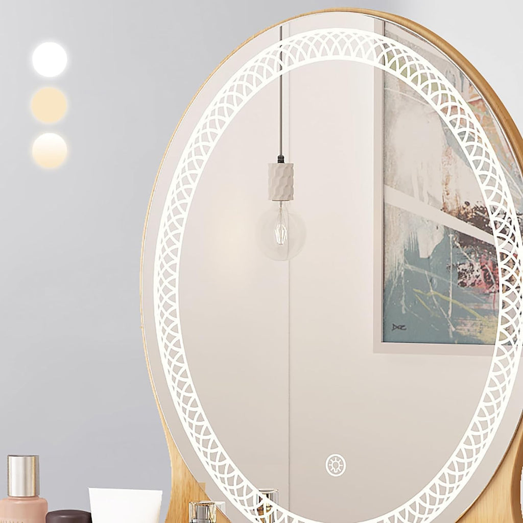 Rieort Vanity Desk MDF Vanity Benches with Adjustable Lights Mirror Makeup Table 4 Drawers Vanity Table Set Luxury Dressing Table