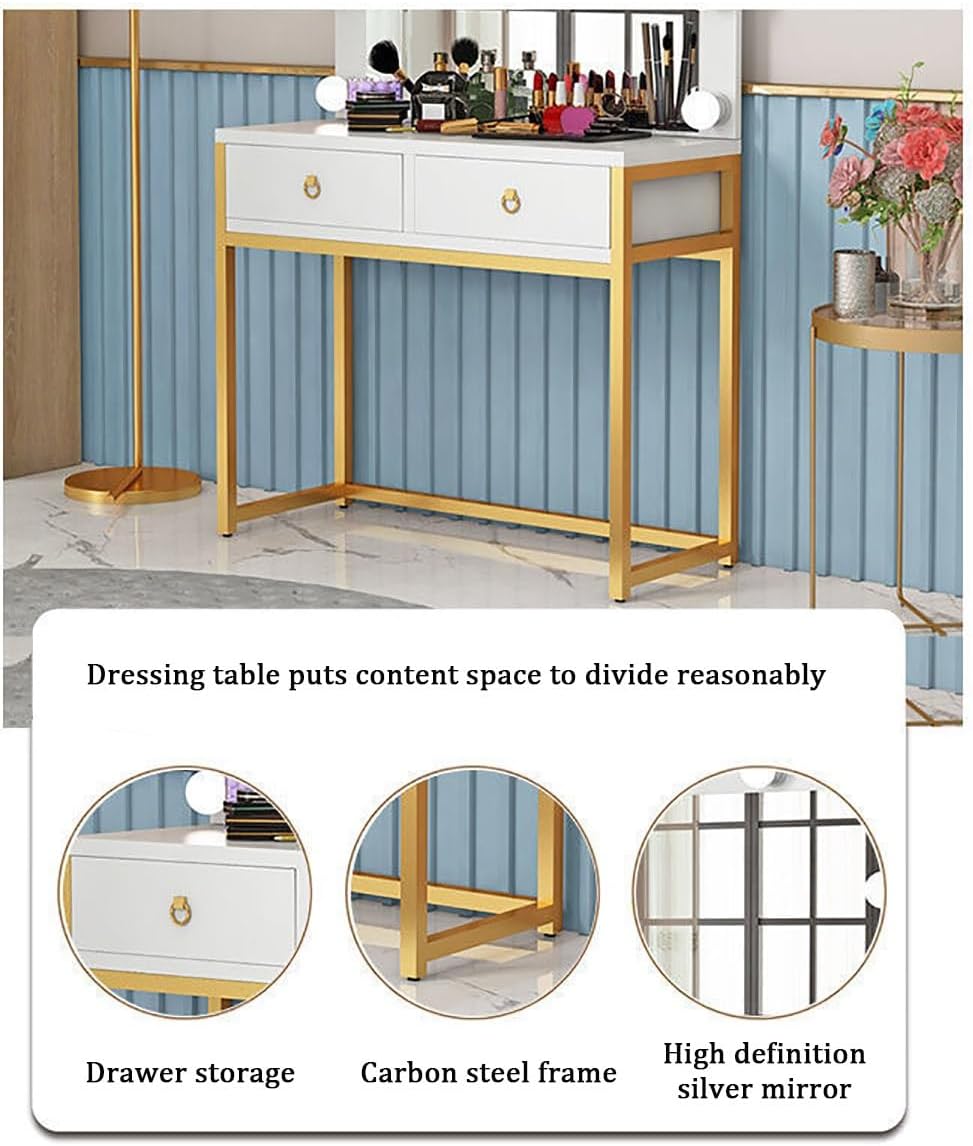 Vanity Desk with Lighted Mirror,Cosmetic Bedroom Dresser Make Up Desk,Vanities Benches Table Set with Large Tabletop,Free Make-up Organizer (Color : Black, Size : 120cm)