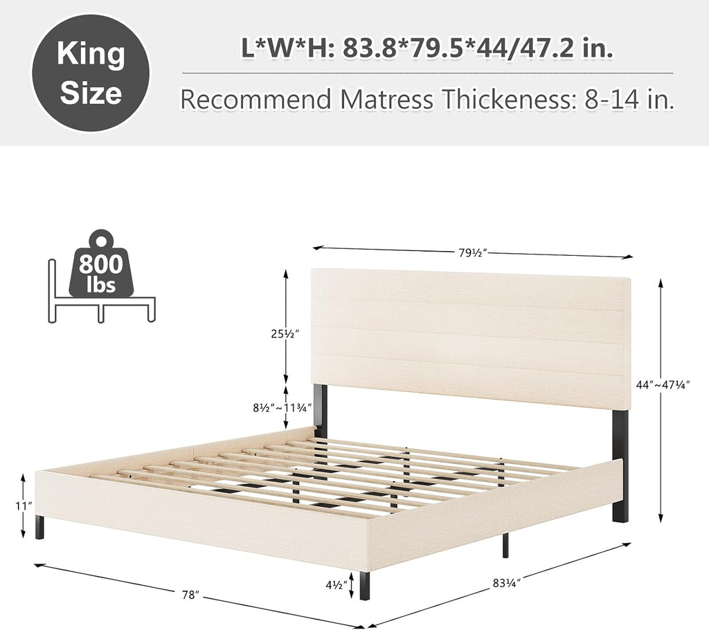 Furnihome King Size Bed Frame, Modern Upholstered Bed Frame King with Adjustable Linen Headboard, Wooden Slats Support Platform, No Box Spring Needed,Easy Assembly,Beige