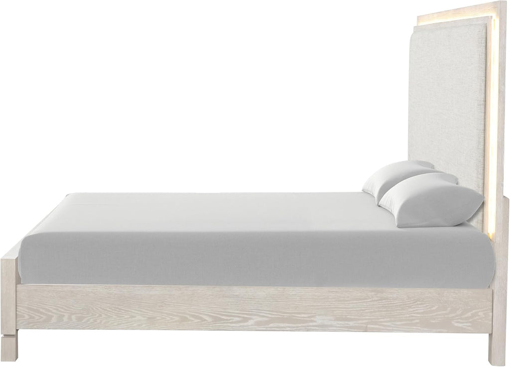 Furniture of America Bailer Modern Solid Wood 3-Piece Bedroom Set with LED on Headboard, Stainless Steal Posts and Marble Top on Nightstand, Box Spring Needed, Queen, Weathered Gray