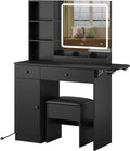 Panana Vanity Desk Set with Mirror and LED Lights, Makeup Table with 2 Drawers & 1 Cabinet, Power Outlet, Storage Cushioned Stool, Dressing Table for Bedroom (Black)