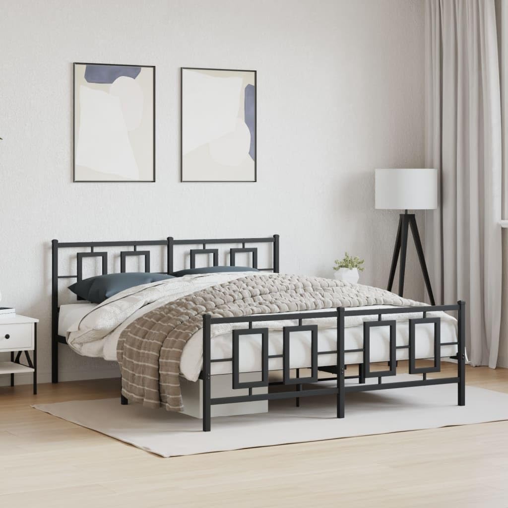 Metal Bed Frame Queen Platform with Footboard Black 59.1'x78.7' Heavy Duty Steel Construction Underbed Storage Space Bedframe for Bedroom Furniture