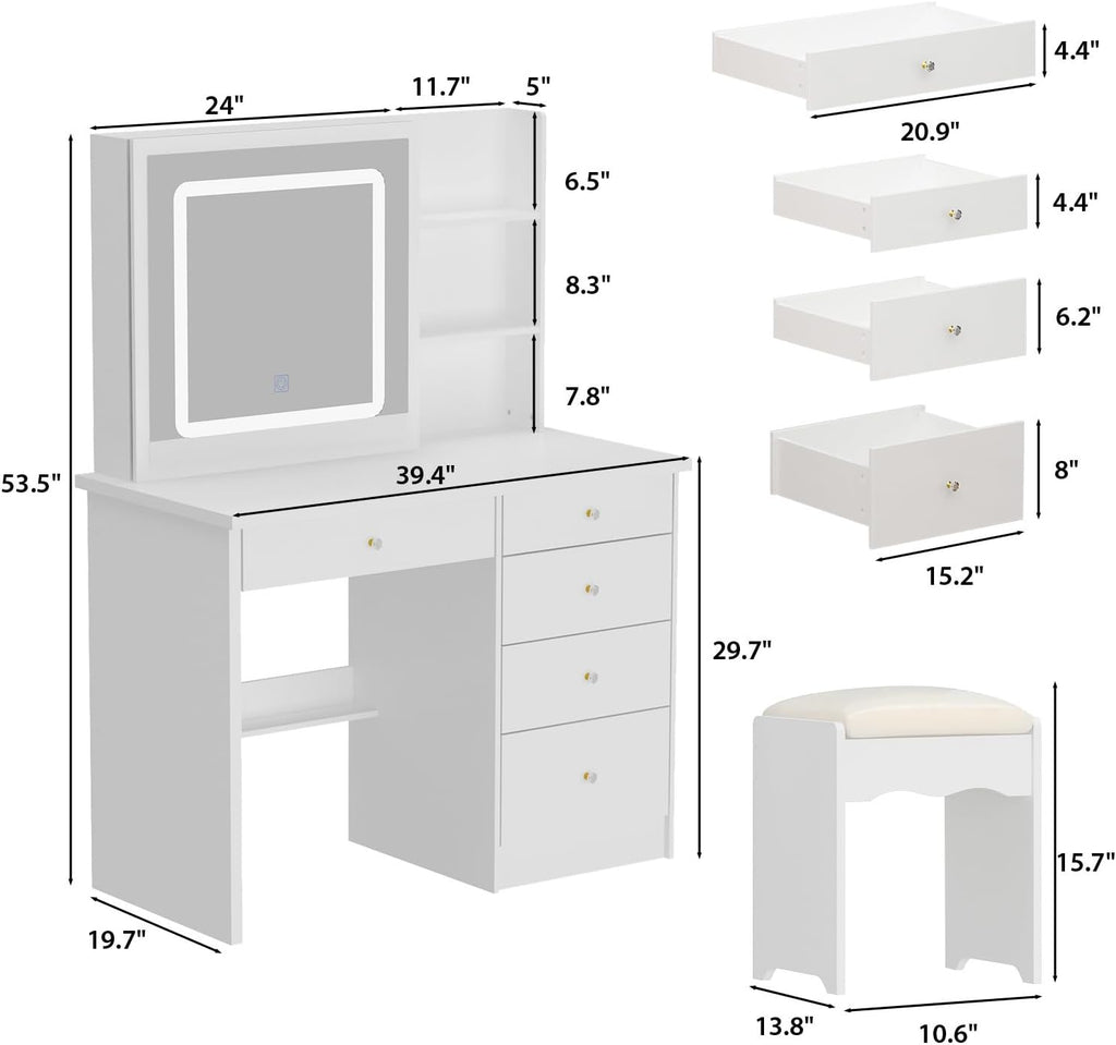 Homsee Vanity Desk Set Makeup Table with Large Sliding Lighted Mirror, Dressing Table with 5 Drawers, Storage Shelves & Cushioned Stool for Bedroom, White