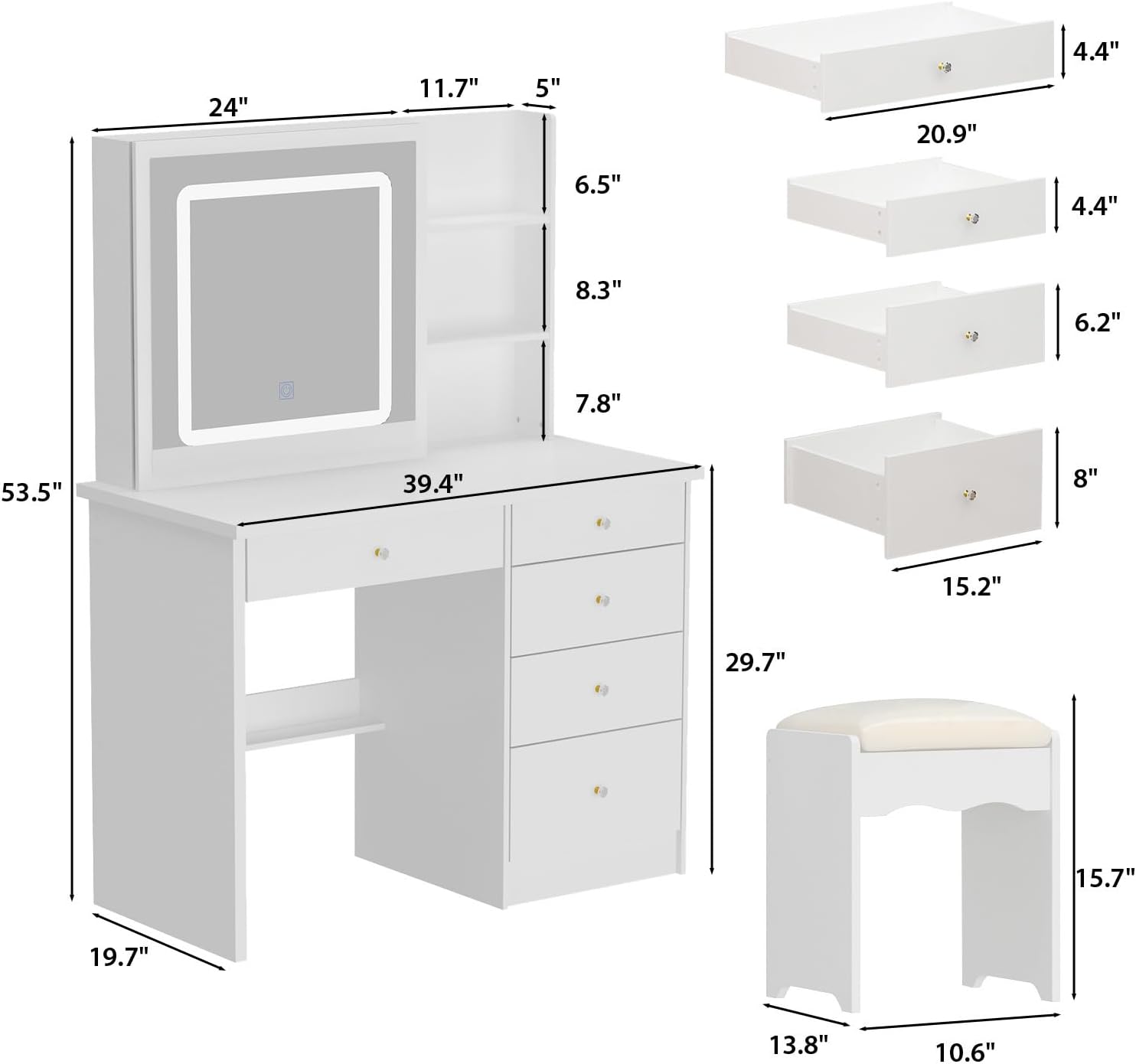 Homsee Vanity Desk Set Makeup Table with Large Sliding Lighted Mirror, Dressing Table with 5 Drawers, Storage Shelves & Cushioned Stool for Bedroom, White