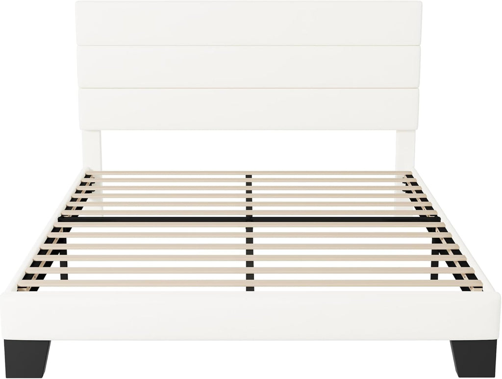 Allewie Full Size Platform Bed Frame with Velvet Upholstered Headboard and Wooden Slats Support, Fully Upholstered Mattress Foundation/No Box Spring Needed/Easy Assembly, White