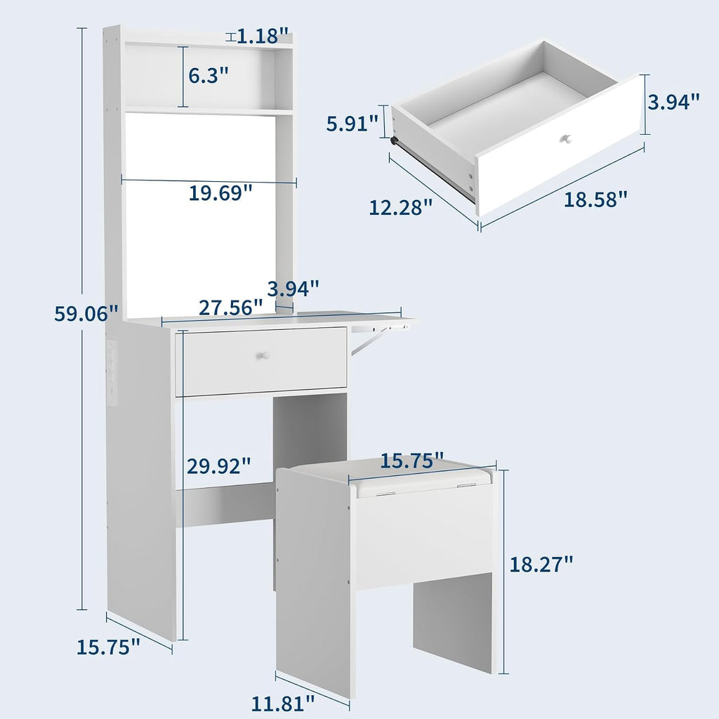 Garvee White Makeup Vanity Desk with Smart LED Mirror & Power Station, Small Vanity Desk with with Fold-up Panel, Storage Chair and Open Shelves for Bedroom