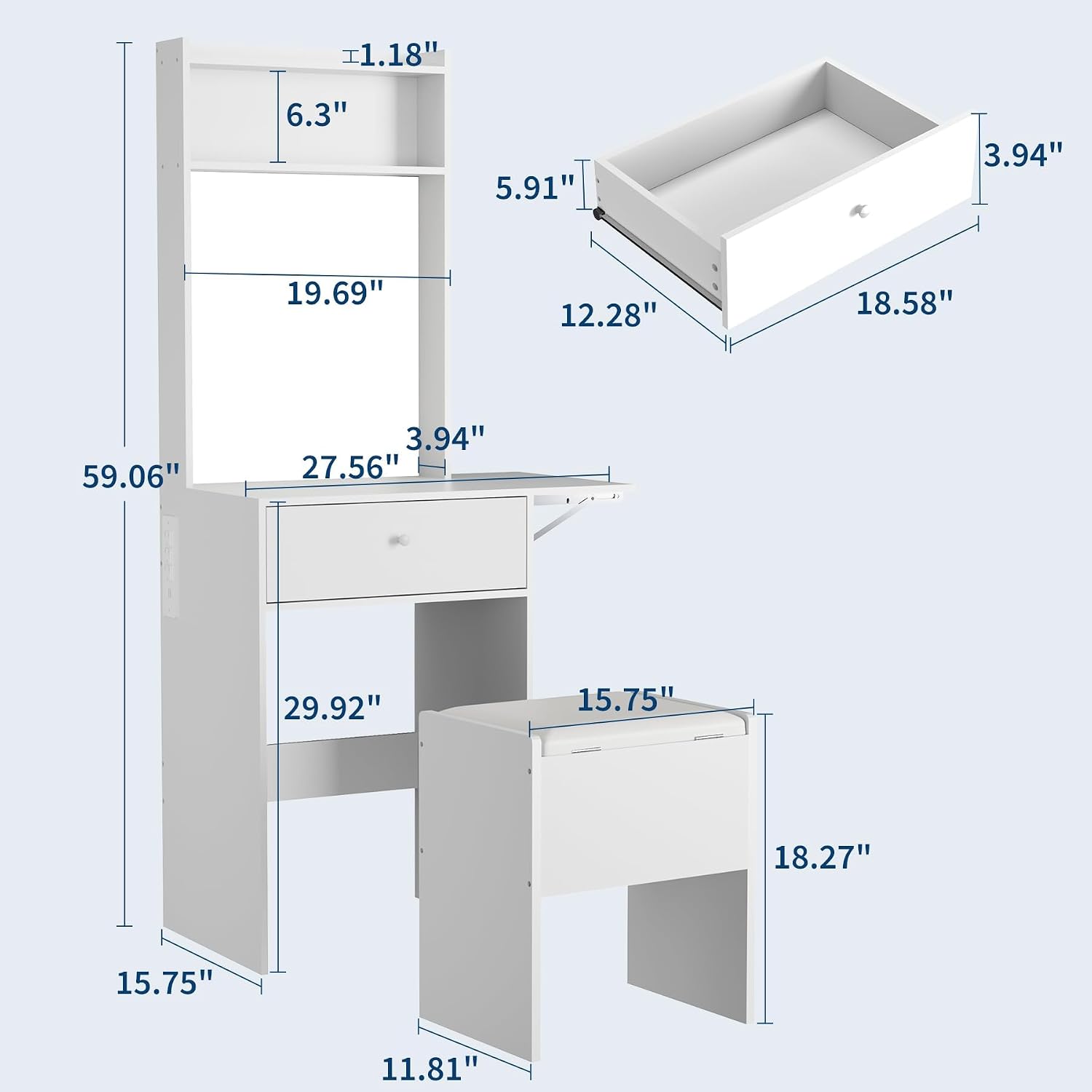 Garvee White Makeup Vanity Desk with Smart LED Mirror & Power Station, Small Vanity Desk with with Fold-up Panel, Storage Chair and Open Shelves for Bedroom